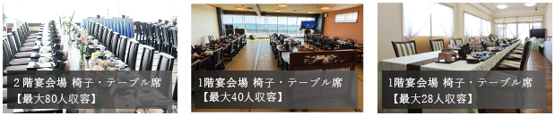 2階宴会場(最大80人収容)| 1階宴会場 掘りごたつ・床暖房(最大40人収容)| 1階宴会場(最大28人収容)